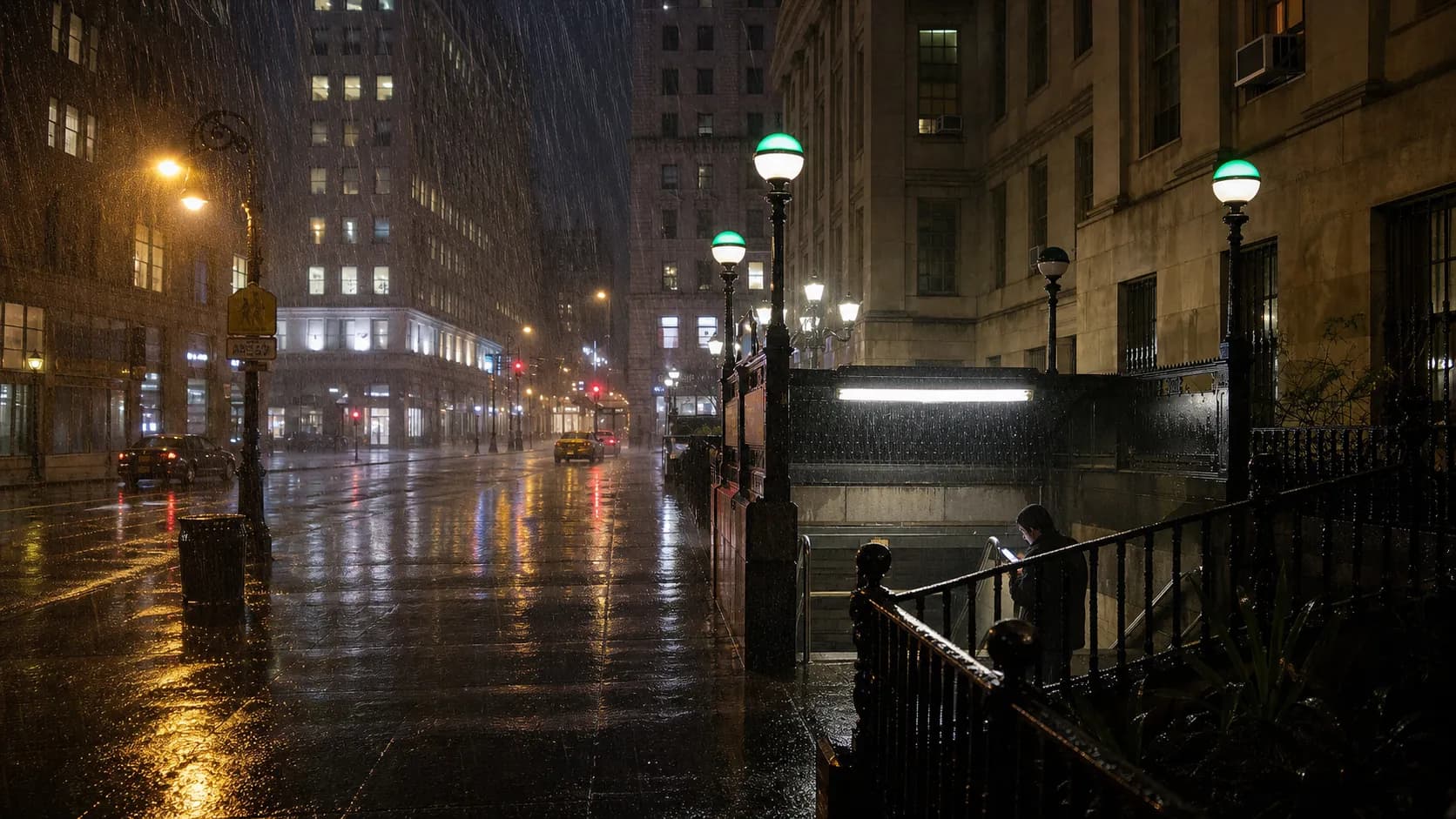 Nearly empty Borough Hall subway entrance offering indoor shelter during a nighttime storm