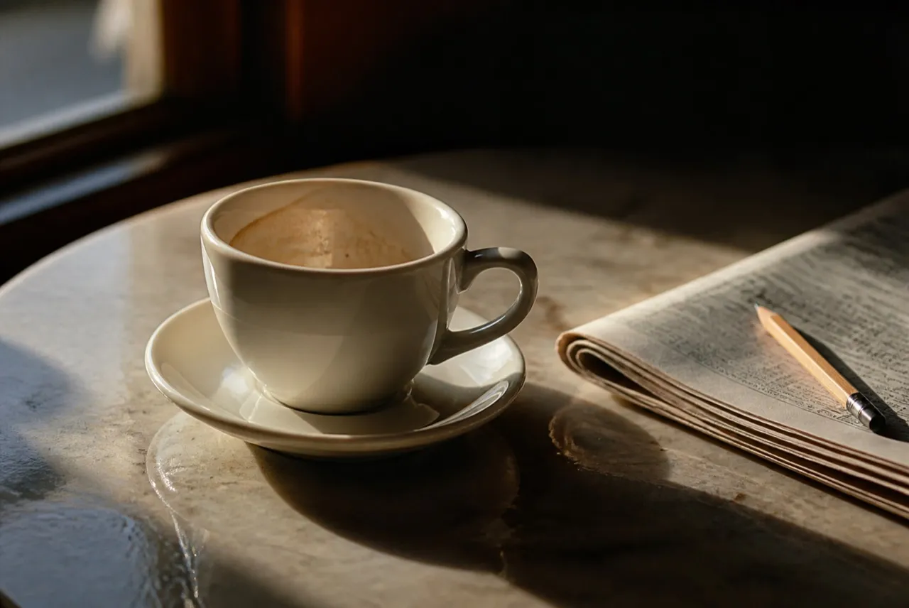 Coffee cup and a folded newspaper on a cafe table
