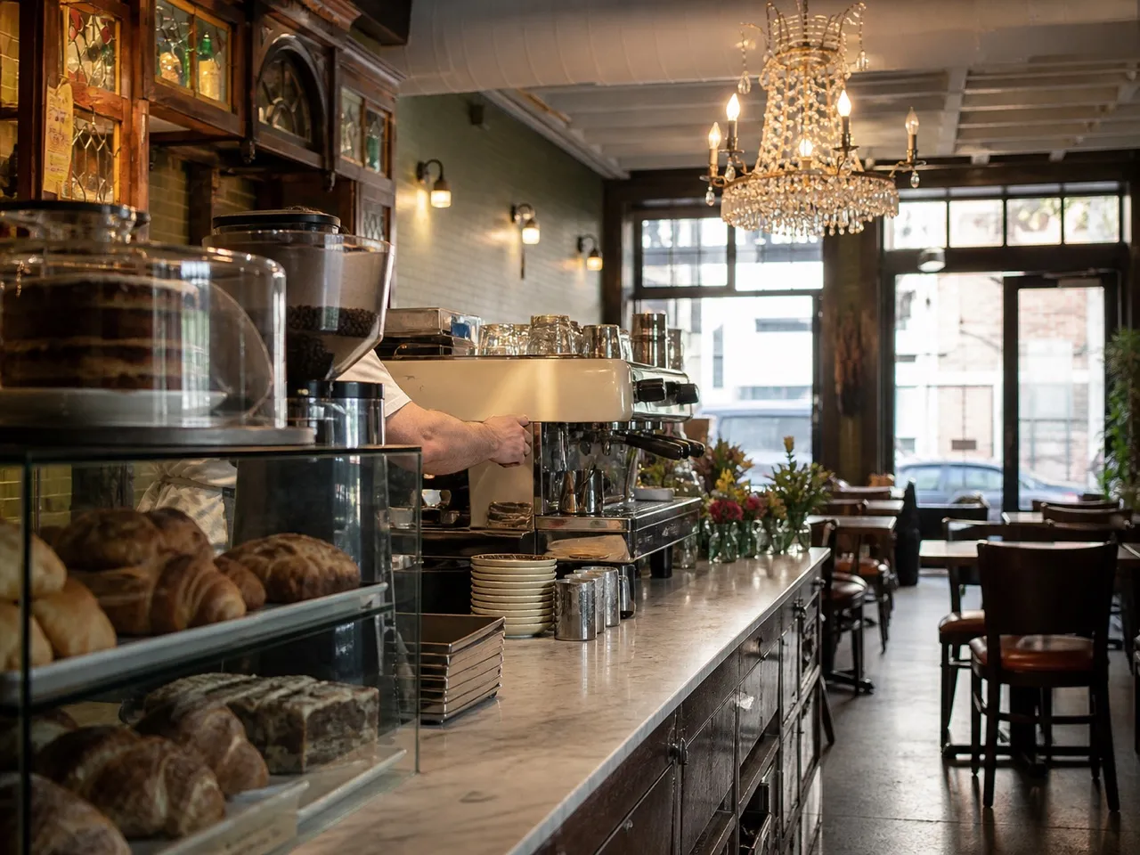 Small New York cafe counter with a pastry case and no screens in view