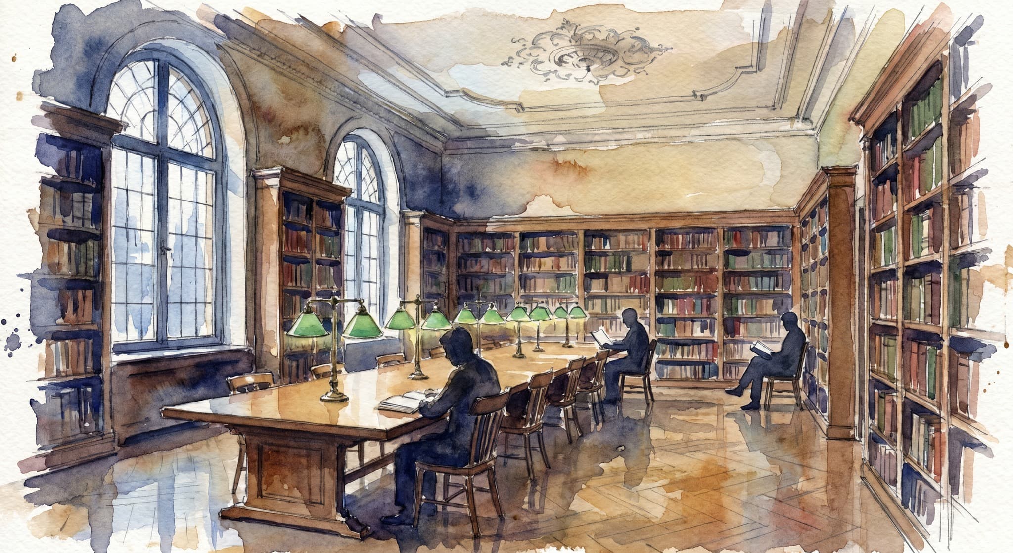 AI-generated watercolor: interior of the fourth-floor members' reading room at a 19th-century New York scholarly library — tall arched leaded-glass windows letting in cool north light, a long oak refectory-style reading table with eight green-shaded banker's lamps, walls lined floor-to-ceiling with leather-bound books, ornate plaster ceiling with rosette, two silhouetted readers seated three chairs apart with open books, polished parquet wood floor, soft daylight from the left