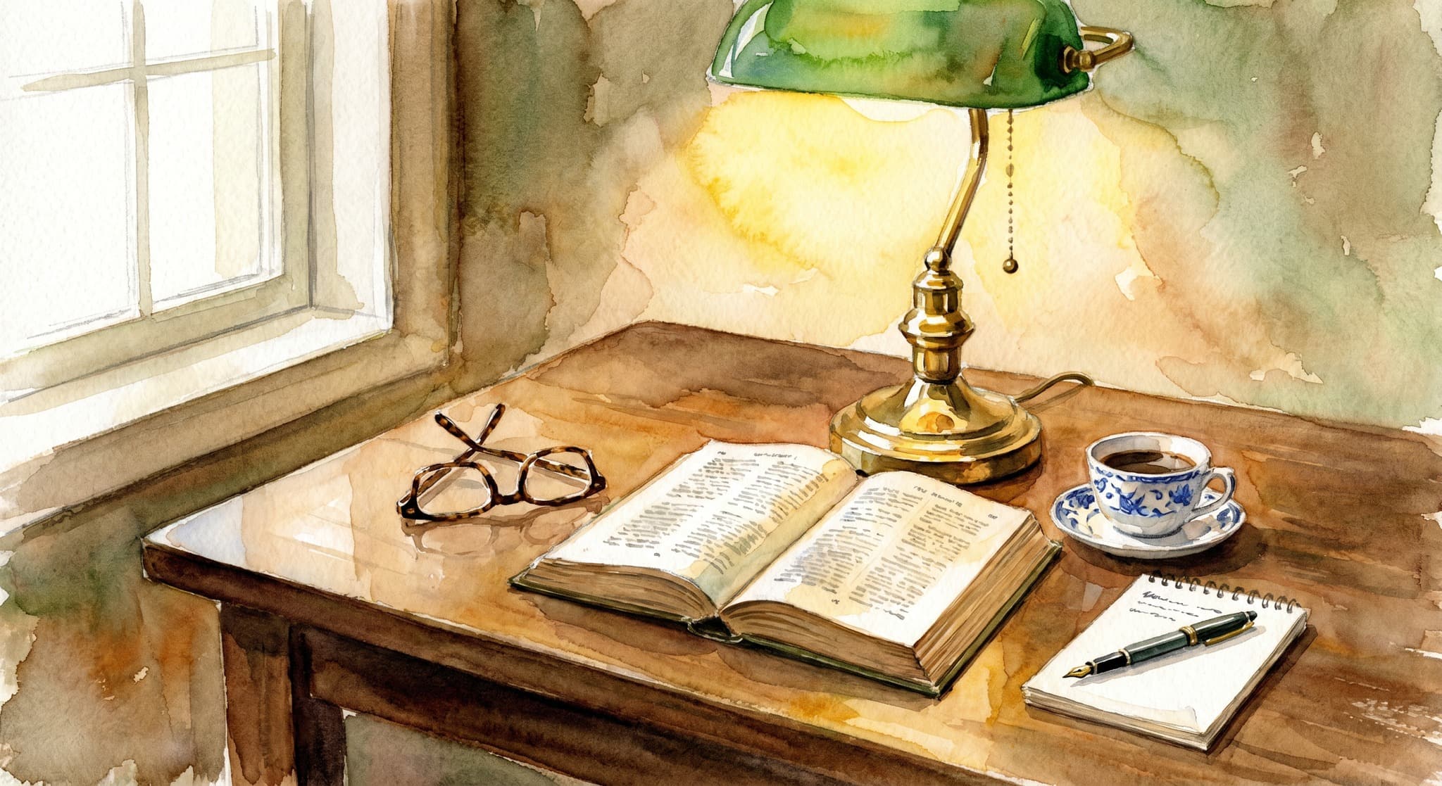 AI-generated watercolor: close-up of a single reading station inside a 19th-century New York library — a green-shaded brass banker's lamp casting a warm circle on the dark oak table, an open hardcover book showing two soft pages of typeset prose, a folded pair of tortoiseshell reading glasses, a porcelain coffee cup, a small notepad with a fountain pen, soft daylight from the window on the left