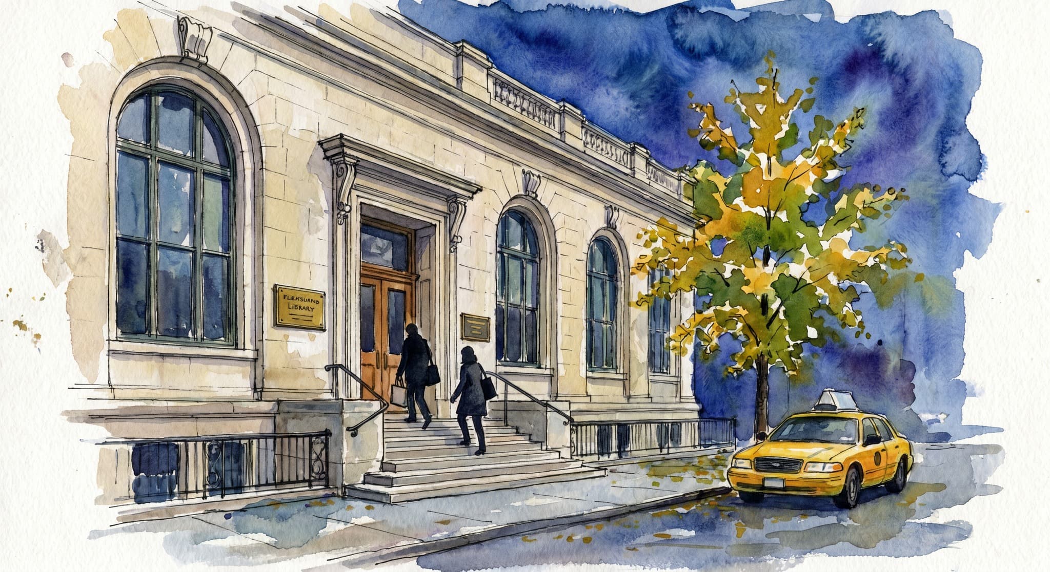 AI-generated watercolor: exterior of a 19th-century New York library on West 77th Street — Beaux-Arts limestone facade with arched windows, the entrance up a short flight of stone steps, two silhouetted figures climbing the steps with tote bags, a single brass plaque beside the door, autumn ginkgo tree to the right with leaves just turning, taxi parked at the curb, deep cobalt early-evening sky