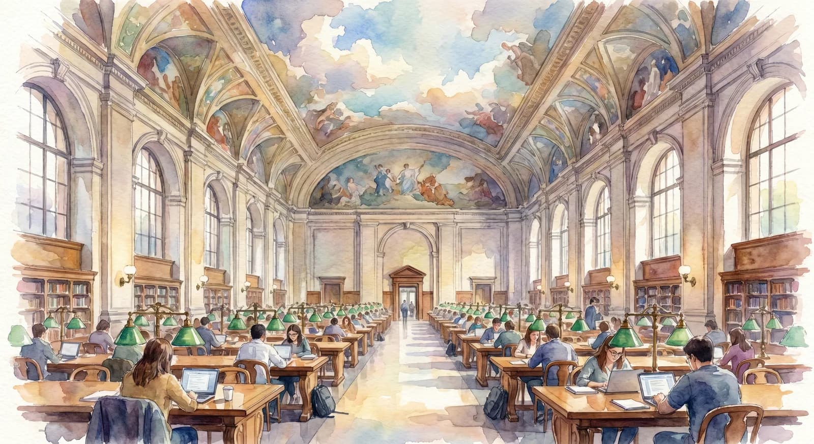 AI-generated watercolor: the Rose Main Reading Room at NYPL, immense Beaux-Arts reading hall with vaulted ceiling murals, long oak tables with green-shaded brass lamps, scholars and laptop users at the tables