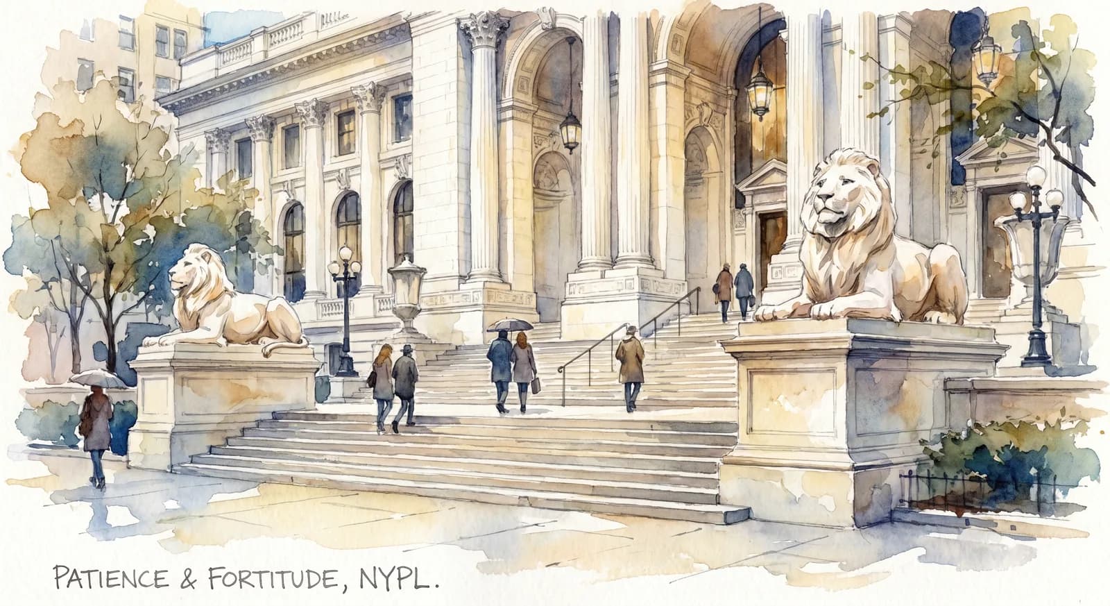AI-generated watercolor: the Patience and Fortitude lion statues at the Fifth Avenue entrance of the NYPL Schwarzman Building, classical white marble facade, morning light