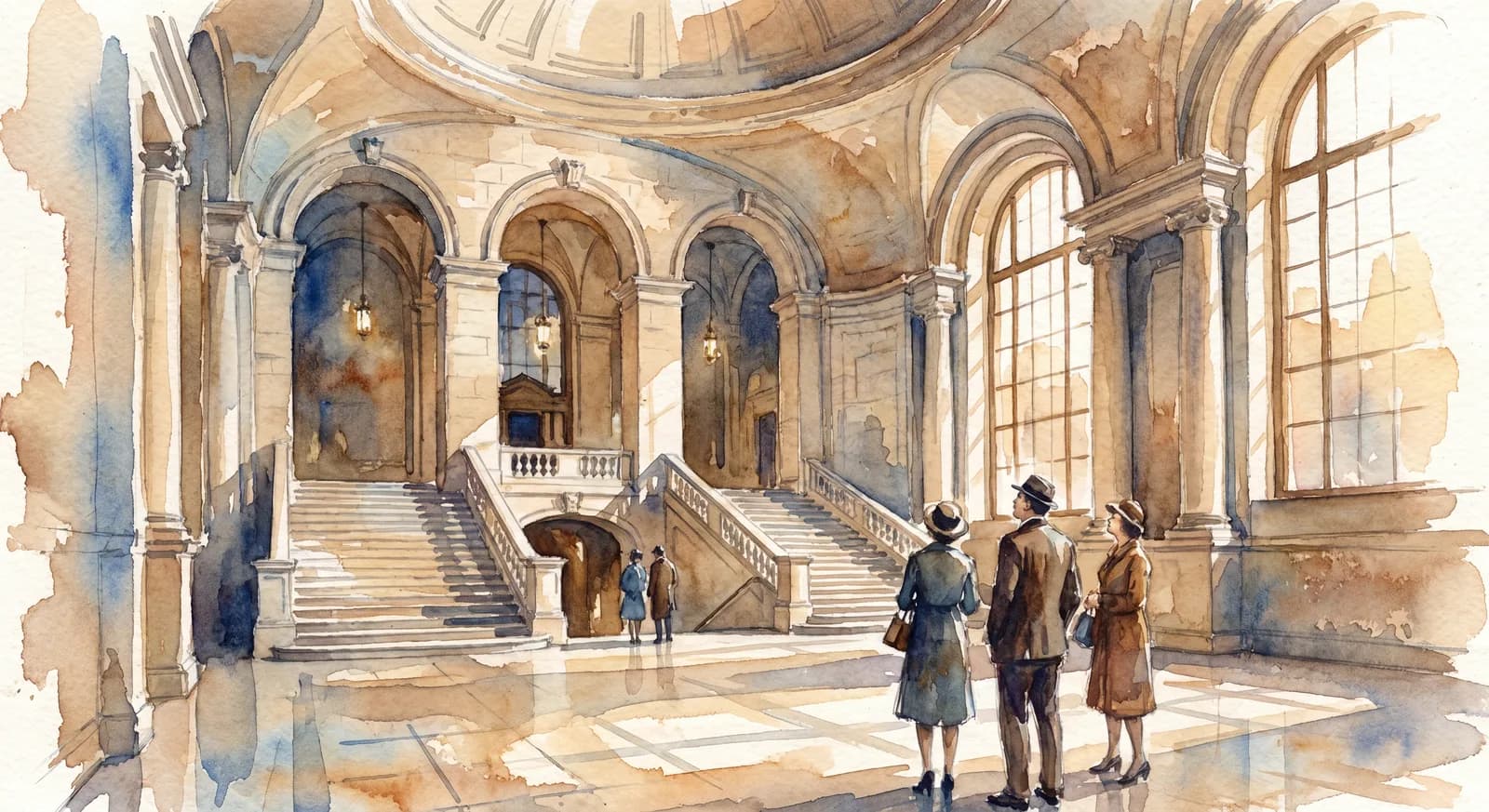 AI-generated watercolor: the marble Astor Hall lobby of the NYPL, dramatic arches and grand staircase, soft afternoon light, a few visitors looking up at the architecture