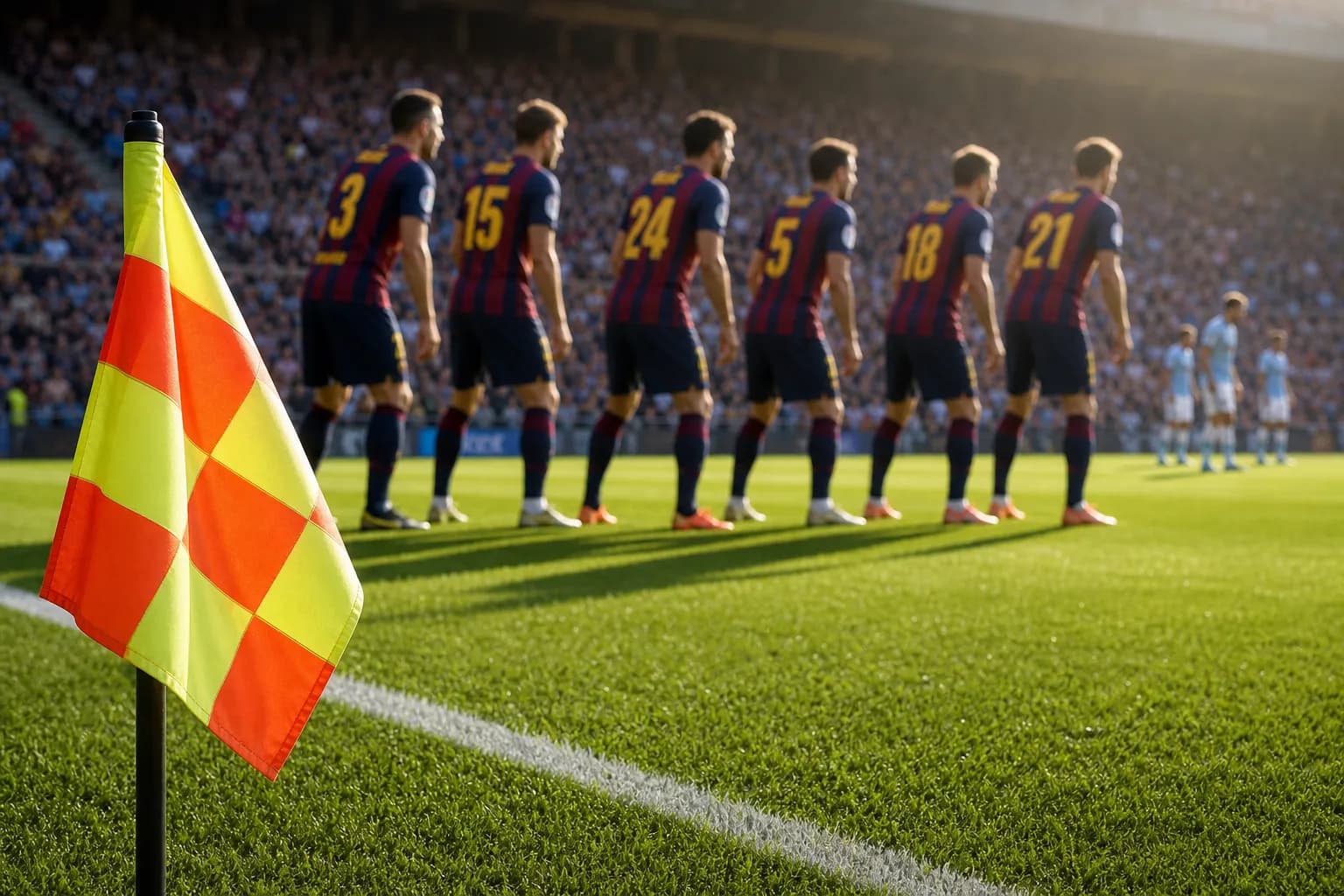 Bright realistic assistant referee flag and touchline image