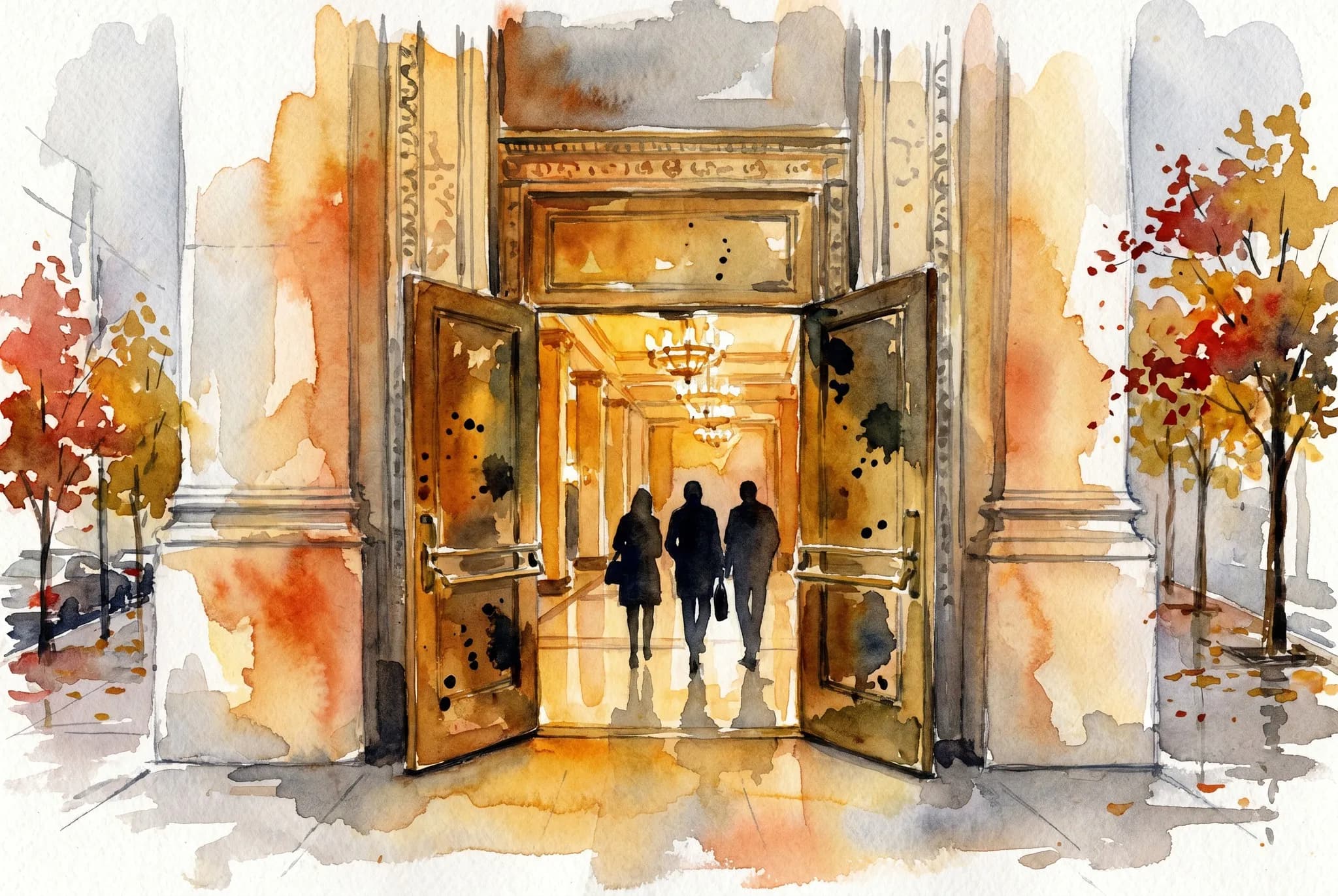 AI-generated watercolor: a queue of visitors entering a normally-private architectural landmark in NYC during Open House Weekend — the stone-arched lobby entrance of a 1920s Art Deco skyscraper, two silhouetted visitors entering through a brass revolving door, intricate gilded geometric reliefs above the entrance, golden October afternoon light raking from the left, autumn leaves on the sidewalk, the building facade soaring out of frame, street-level three-quarter view