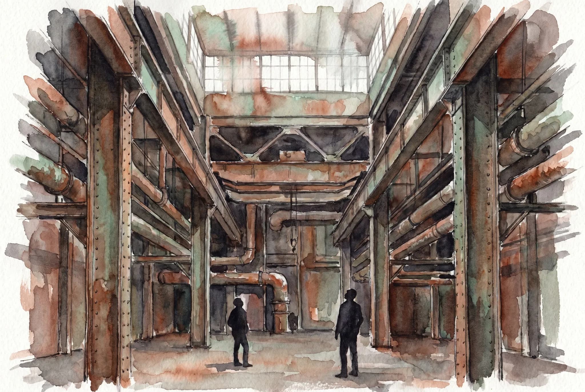 AI-generated watercolor: interior of a private architectural treasure — a tall ribbed brick vault ceiling of a normally-locked historical hall (a beaux-arts banking hall feel), large arched windows pouring soft afternoon autumn light across a tile mosaic floor, one silhouetted visitor in middle distance with head tilted up looking at the ceiling, low-angle wide shot looking up at the vault