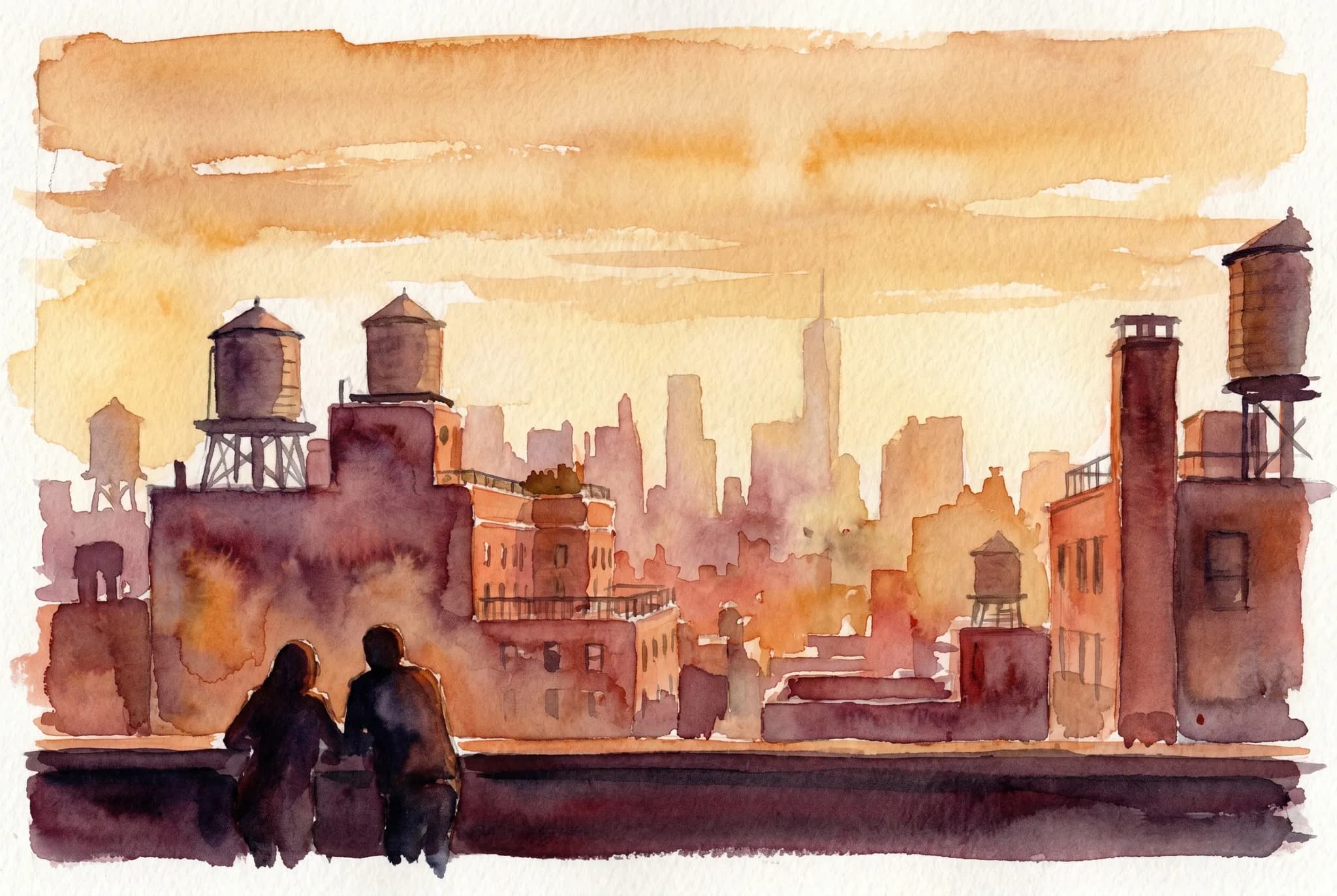 AI-generated watercolor: rooftop view from a normally-private building during Open House — wide aerial-perspective view across the Manhattan skyline at golden hour, the foreground showing a green-patinated copper parapet with one silhouetted visitor leaning on the rail, midtown towers in soft autumn haze in the distance, high horizon with sky dominating
