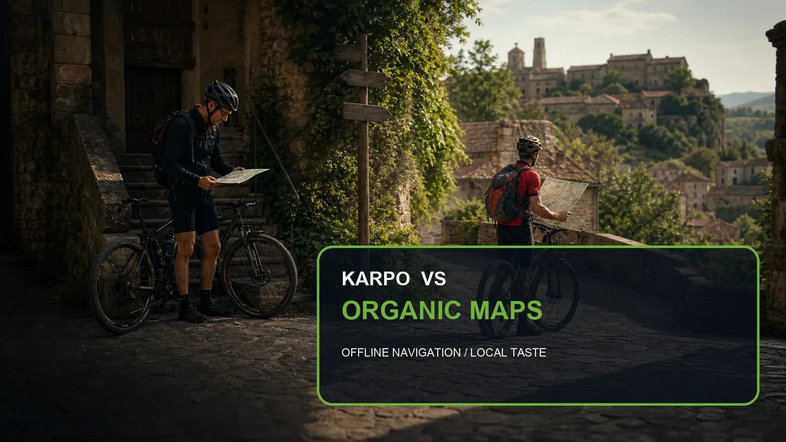 Karpo versus Organic Maps in a photorealistic editorial city comparison.