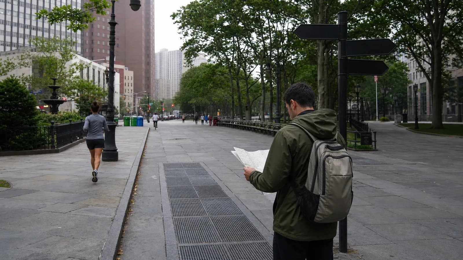 Photorealistic editorial comparison of Karpo and Organic Maps in a real city decision.