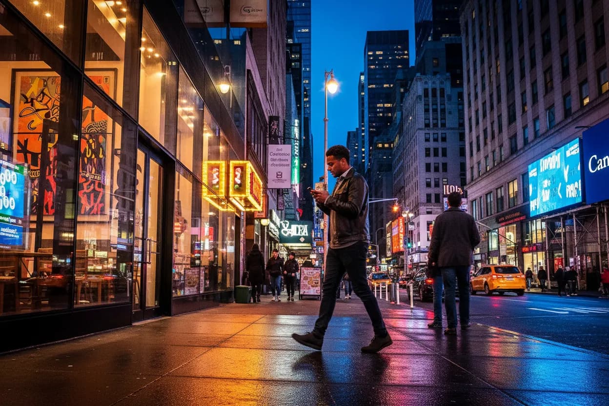 A New York evening street lined with glowing storefronts, someone glancing at their phone mid-walk — the everyday city decision Karpo is built for