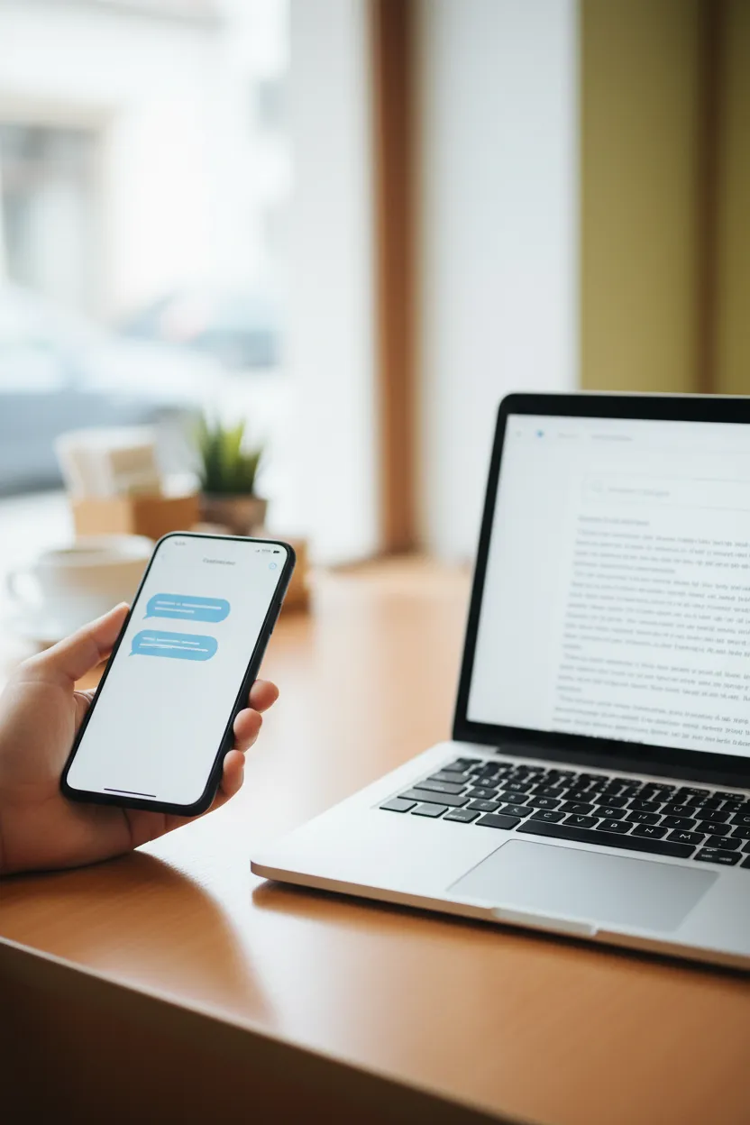 Two-product comparison on a cafe table: a phone showing blue chat bubbles beside a laptop showing a wall of answer-engine text