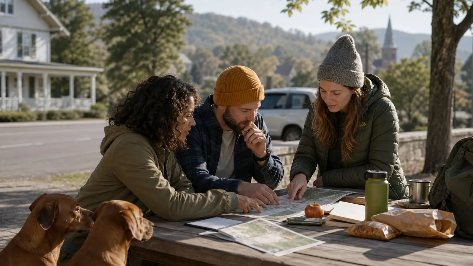 Photorealistic scene showing Karpo coordinating the wider day around Outdooractive.