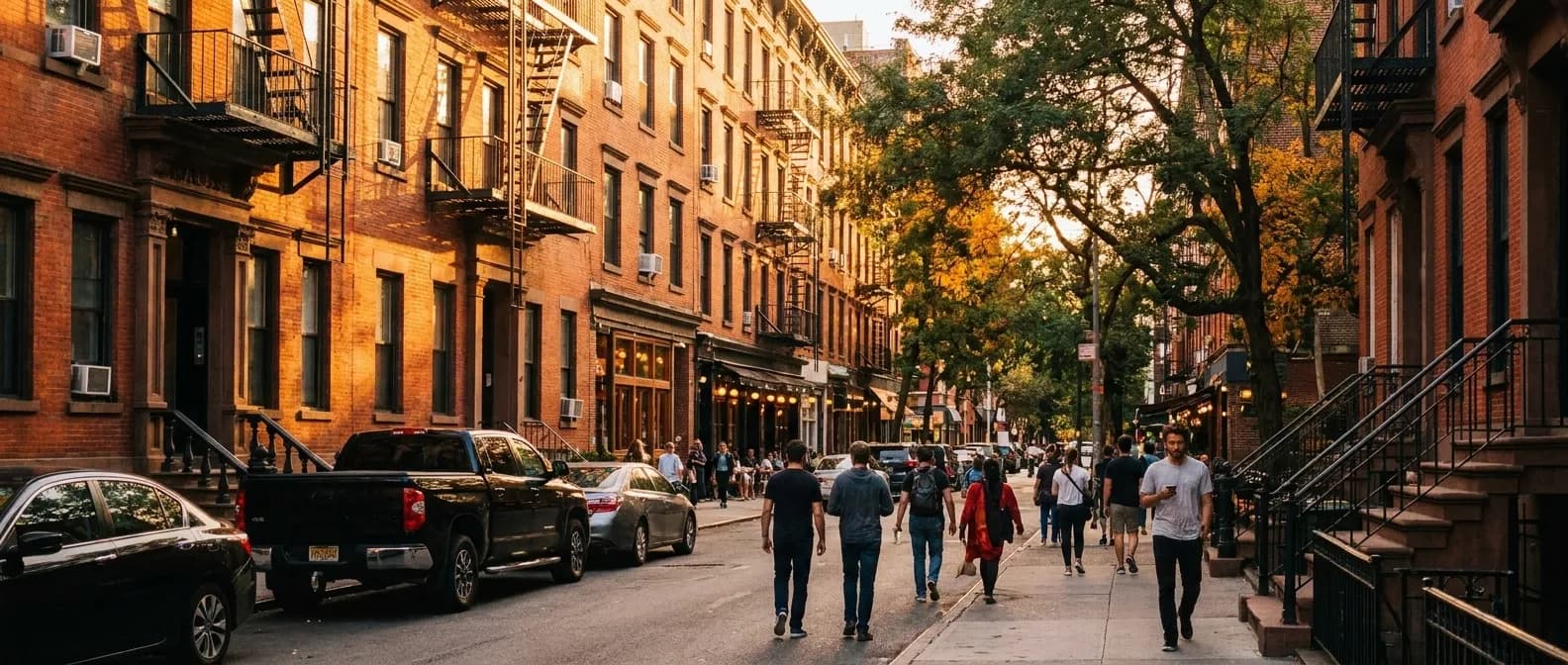 Golden-hour view down a tree-lined Manhattan side street with brick tenements and people walking toward neighborhood bars