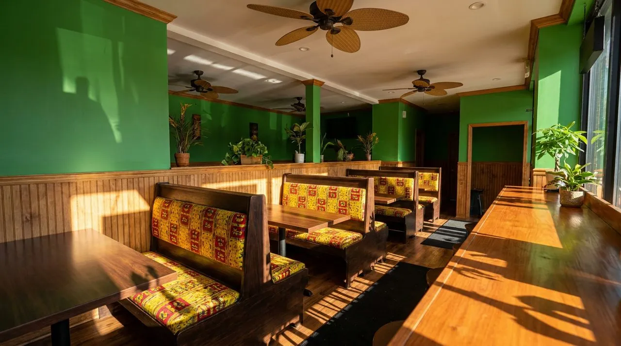 Bright sunny daytime interior of a Flatbush Jamaican restaurant with tropical-green painted walls, rattan ceiling fans, dark-wood booth seating with yellow and red accent cushions, polished wood count
