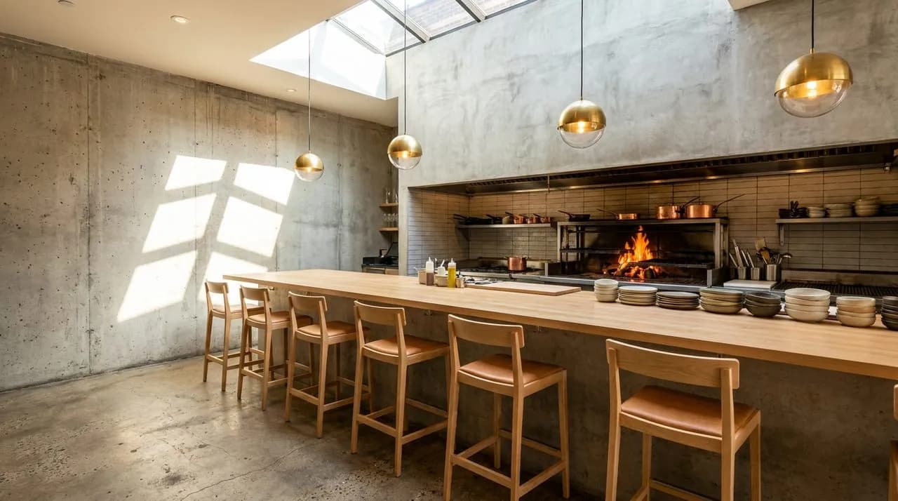 Bright sunny afternoon interior of a Williamsburg chef-counter restaurant with raw-concrete walls, blonde-wood counter and stools, brass overhead pendant lights, single fresh sprig of herb on counter,