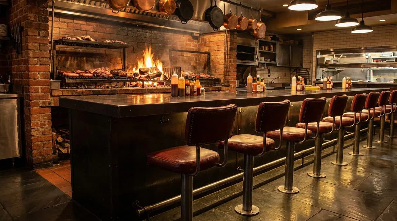 Bright daytime interior of a Hell's Kitchen Argentine asado room with red-brick wood-fired grill, dark steel counter, oxblood-leather counter chairs, warm tungsten lighting, polished slate floor, sing