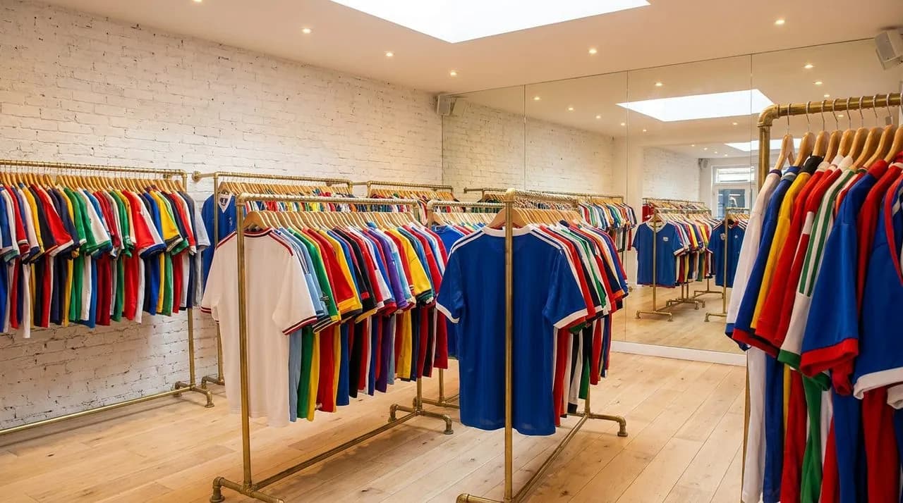 Bright sunny interior of a Soho vintage jersey boutique with white-washed exposed-brick walls, polished pale-wood floors, brass clothing racks displaying colorful vintage soccer jerseys, mirrored back