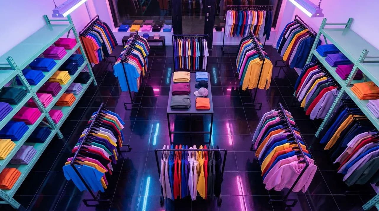 Bright daytime interior of a Williamsburg streetwear shop with raw concrete walls, mint-green accent shelving, black metal clothing racks, large round milky-glass pendant lights, polished black-tile f