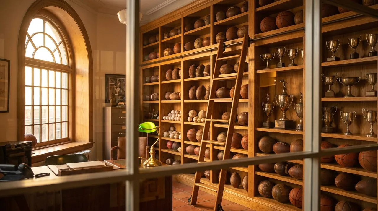 Bright sunny daytime interior of a small NYC sporting-goods archive room with floor-to-ceiling oak shelves filled with generic soccer balls and trophies, terracotta-tile floor, warm wood library-ladde