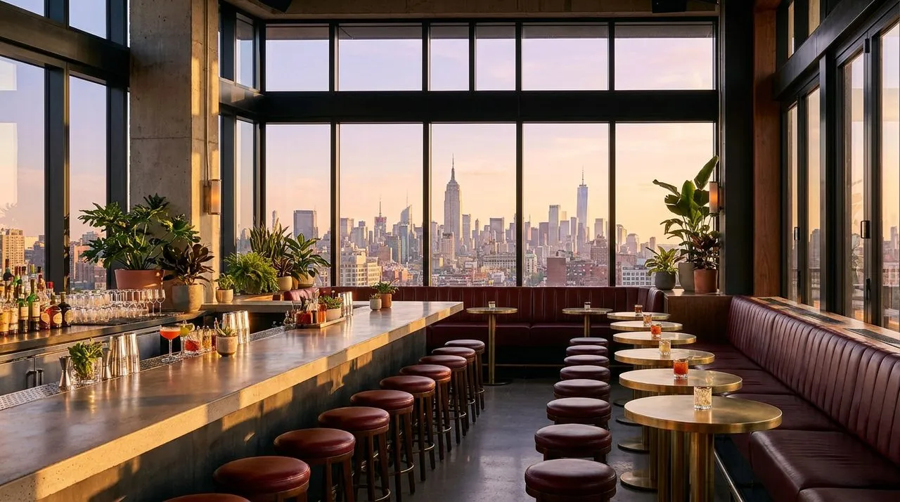 Bright sunny LIC rooftop bar with concrete-and-steel modern aesthetic, oxblood-leather banquette seating, brushed-brass cocktail tables, panoramic Manhattan skyline at golden hour, large flat-screen T