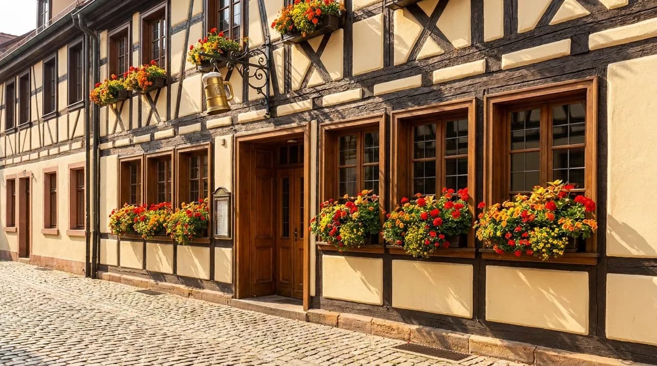 Bright sunny afternoon view down a tree-lined Yorkville street with a vintage German biergarten exterior — half-timbered facade, bright window-box flowers, pale-yellow painted walls, brass beer-mug si