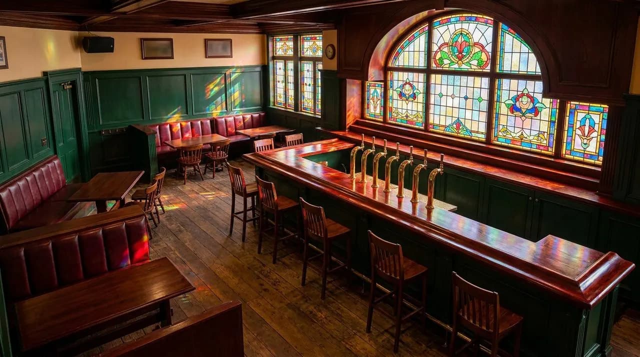 Bright sunny interior of a Sunnyside Irish pub with dark forest-green wainscoting, oxblood-leather banquettes, polished long mahogany bar counter, brass beer taps gleaming, large stained-glass arched 