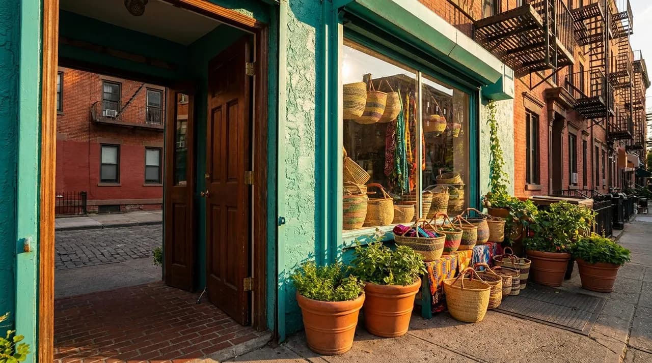 Bright sunny late-afternoon view of a Bronx Senegalese cafe storefront with vibrant teal-painted facade, hand-lettered chalk menu board (illegible), woven baskets displayed in window, terracotta plant