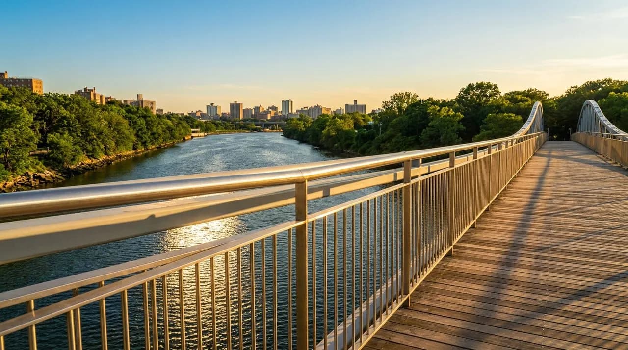 Bright sunny view from a pedestrian bridge over the Harlem River at golden hour, warm sunlight glinting off water, distant Bronx skyline, lush green parkside trees, polished metal railings, vivid summ