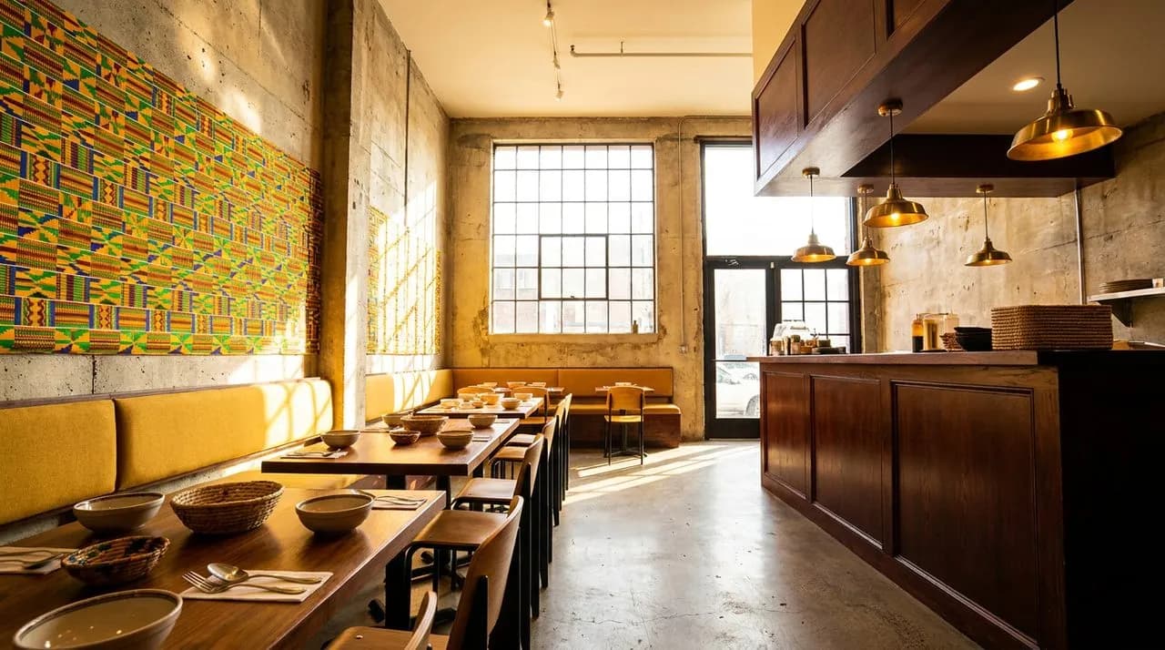 Bright sunny interior of a Harlem Ghanaian eatery with raw-concrete walls, mustard-yellow upholstered banquette, dark-mahogany counter, vibrant kente-cloth pattern textile on accent wall, brass pendan