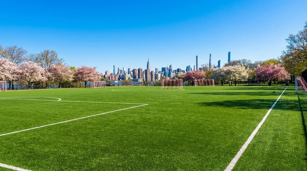 Bright sunny morning view of a Riverside Park soccer pitch with vivid green astroturf, white painted lines, generic red-and-white striped goalposts, distant Manhattan skyline behind cherry blossom tre