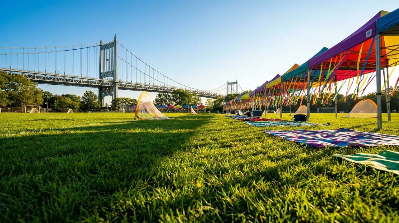Bright sunny daytime view of an Astoria Park soccer field at golden hour, lush green grass, Triborough bridge in distance, picnic blankets on edge of field with vintage thermoses and woven baskets, vi