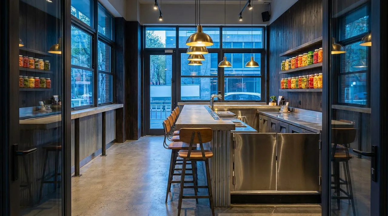 Bright pre-dawn glow through tall windows of a K-town counter restaurant with polished stainless-steel bar, dark-stained wood paneled walls, single empty barstool foreground, warm brass pendant lamps 