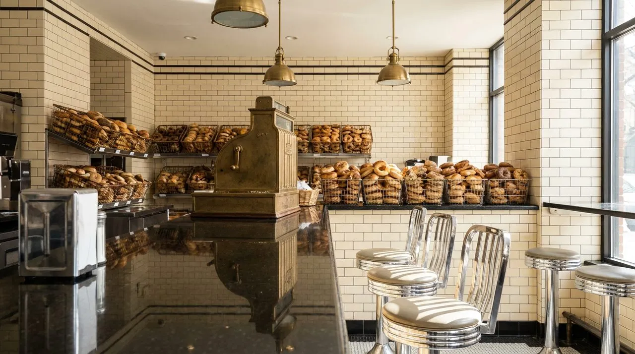 Bright early morning interior of a Manhattan bagel shop with subway-tiled cream walls, polished black granite counter, vintage cash register on display, stacked baskets of fresh bagels, brass pendant 