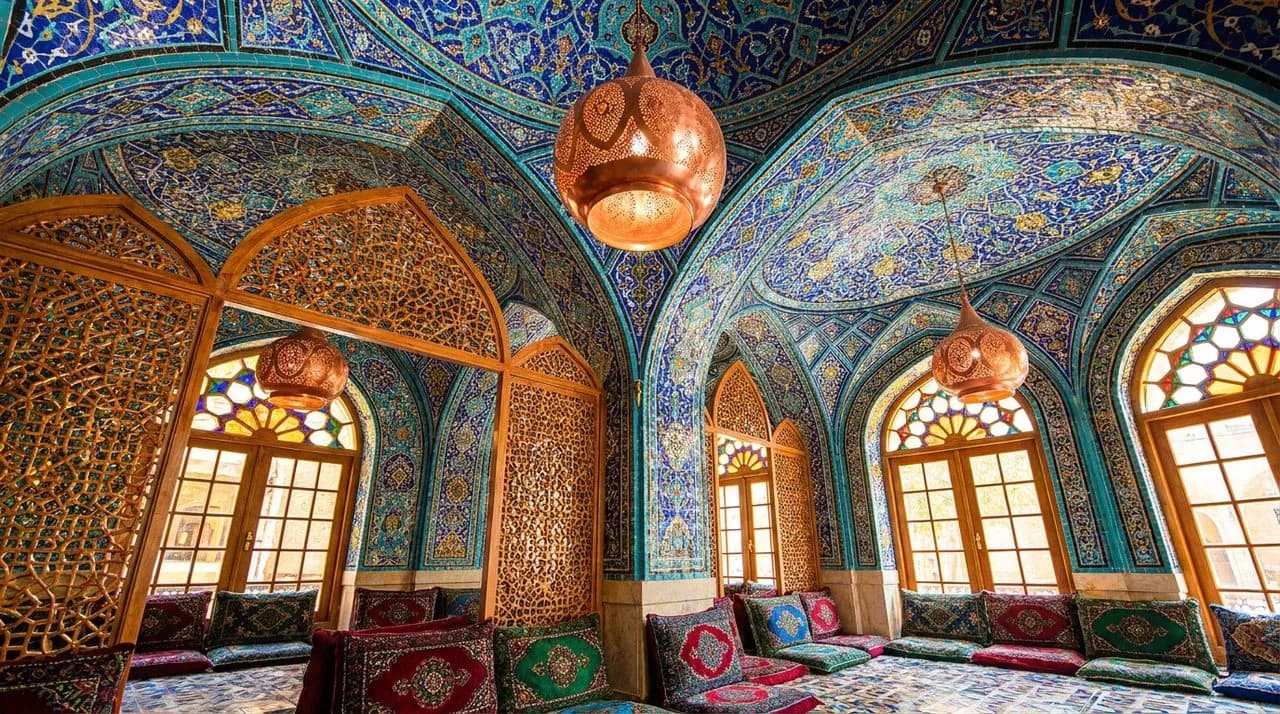 Bright early morning interior of an Astoria Persian-style cafe with intricate cobalt-blue mosaic tile walls, copper-pendant lamps, ornate wooden lattice screen, polished stone counter, plush jewel-ton