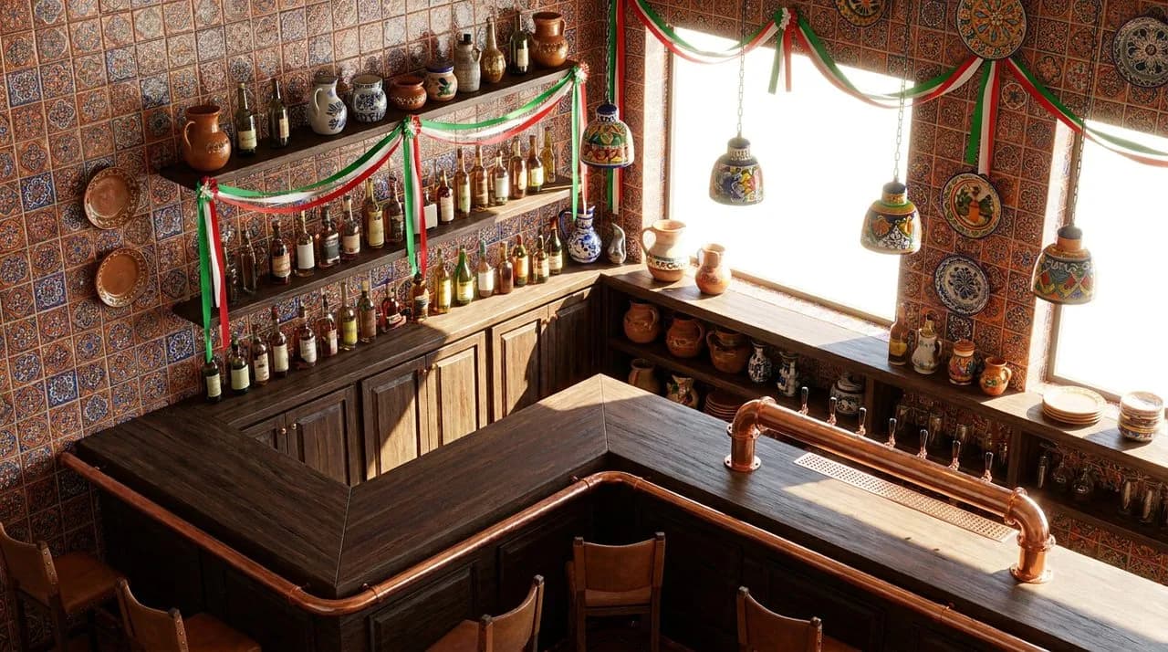 Bright sunny daytime interior of an East LA Mexican cantina with vibrant terracotta-and-cobalt patterned tile walls, dark mesquite wood bar counter, polished copper bar rail, hand-painted ceramic ligh