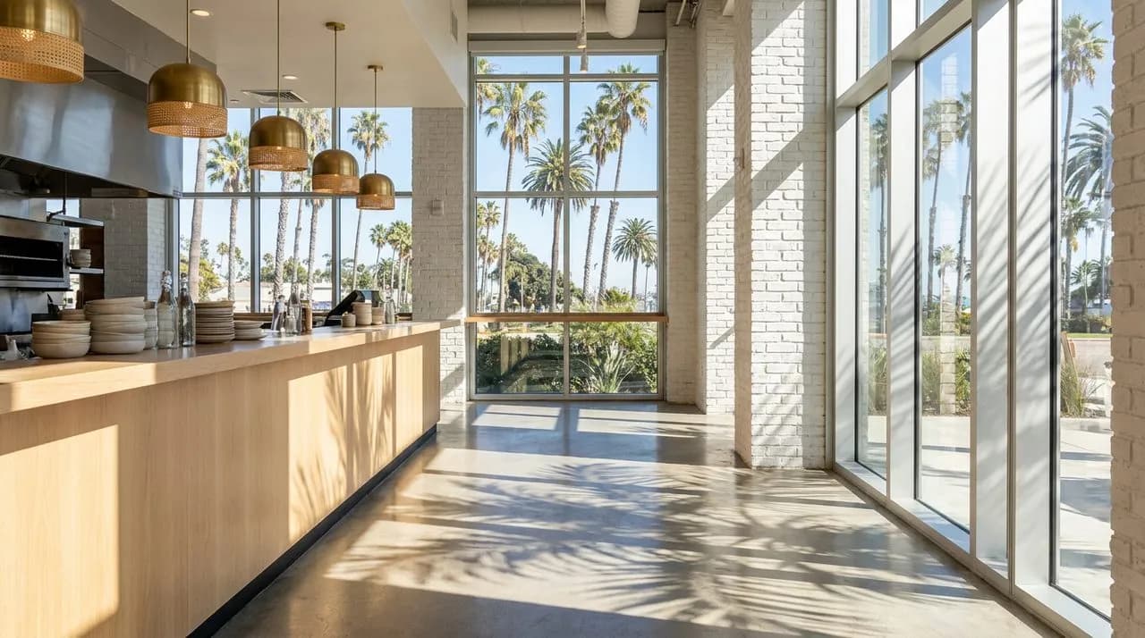 Bright sunny interior of a Santa Monica Mexican gastropub with polished concrete floor, light-blonde wood counter, white-washed brick walls, warm-brass pendant lights, generous floor-to-ceiling window