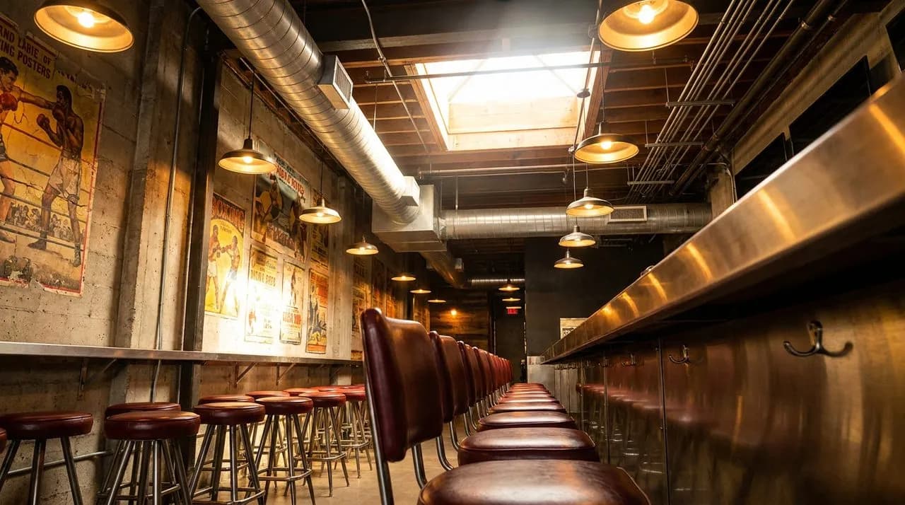 Bright sunny daytime interior of an Inglewood sports bar with polished steel bar counter, oxblood-leather counter stools, exposed steel ductwork ceiling, vintage hand-painted boxing-ring posters on ra