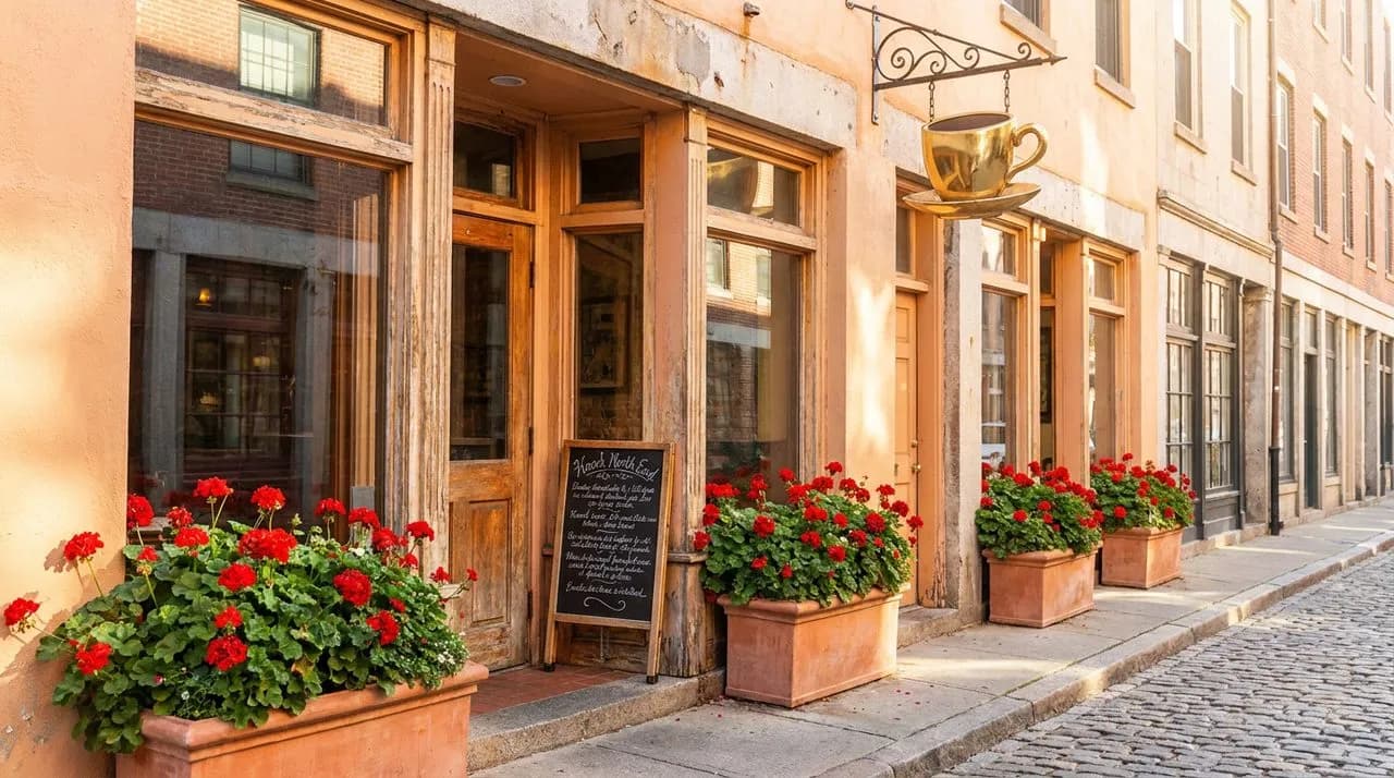 Bright sunny morning view of a Boston North End Italian café exterior with warm peach-painted facade, vintage hand-lettered chalkboard (illegible), terracotta planter boxes overflowing with red gerani