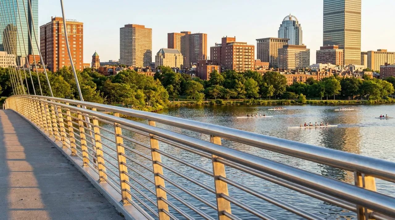 Bright sunny afternoon view across the Charles River pedestrian bridge with rowing shells on the water, distant Boston skyline of red brick and glass towers, lush green parkside trees, polished metal 