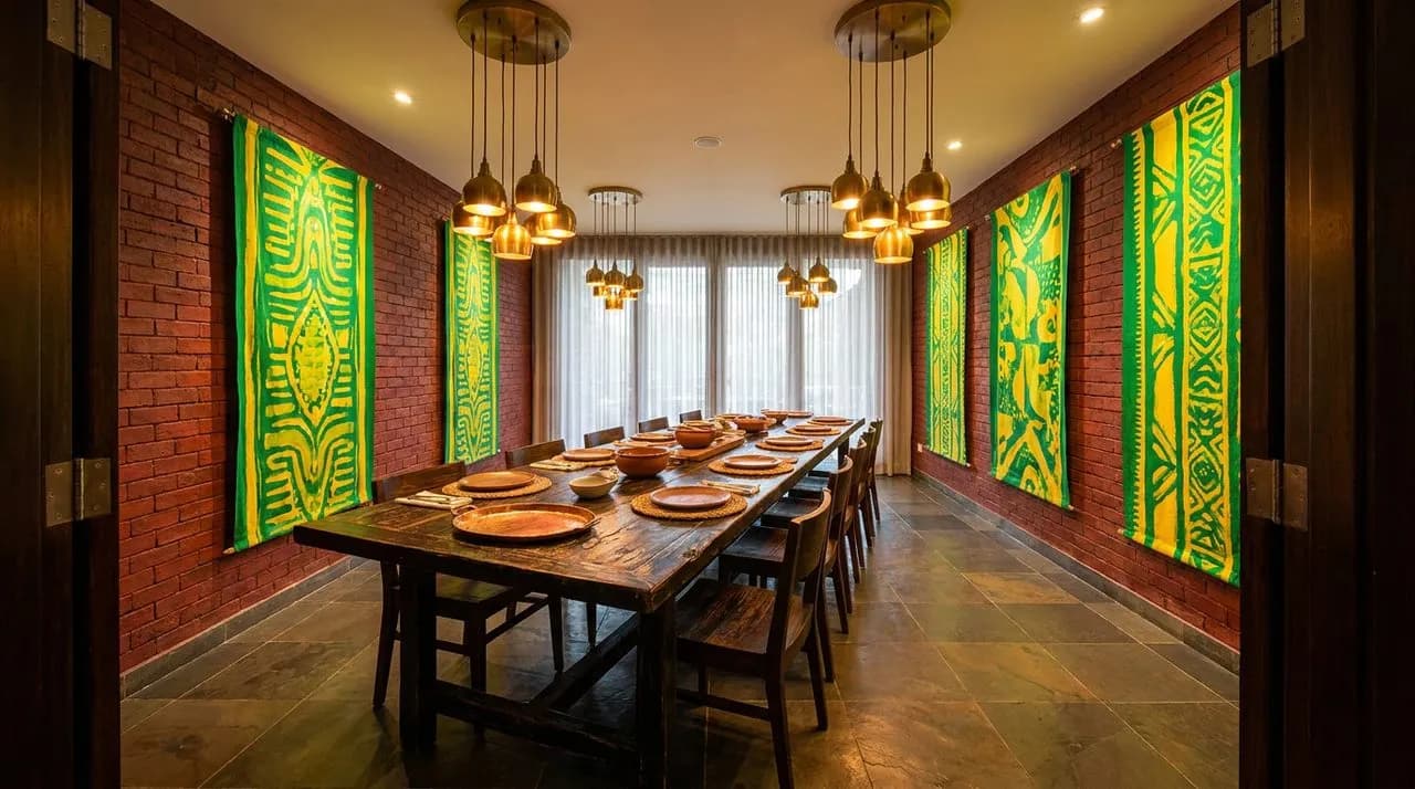 Bright sunny daytime interior of an Allston Brazilian churrasco room with deep red-brick walls, vivid green-and-yellow textile banners (no national flags), dark mesquite-wood communal table, brass pen