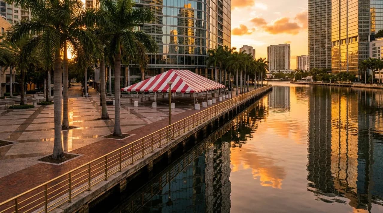 Bright sunny daytime view of a Brickell riverwalk plaza with palm trees, polished granite pavers, modern glass tower backdrop reflected in calm water, brass railings along the river, large red-and-whi