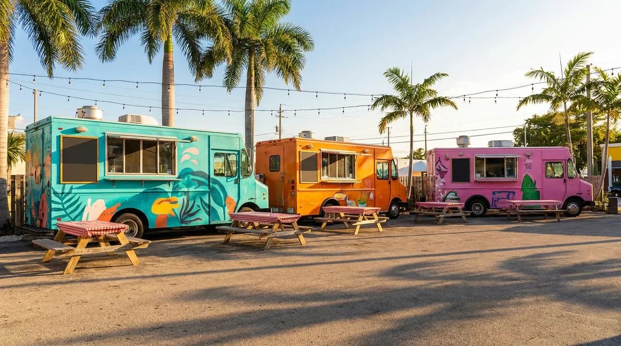 Bright sunny late-afternoon view of a Wynwood food-truck row with brightly painted trucks in turquoise, orange, and pink, generic blank menu boards, festive picnic tables with red-checkered tablecloth