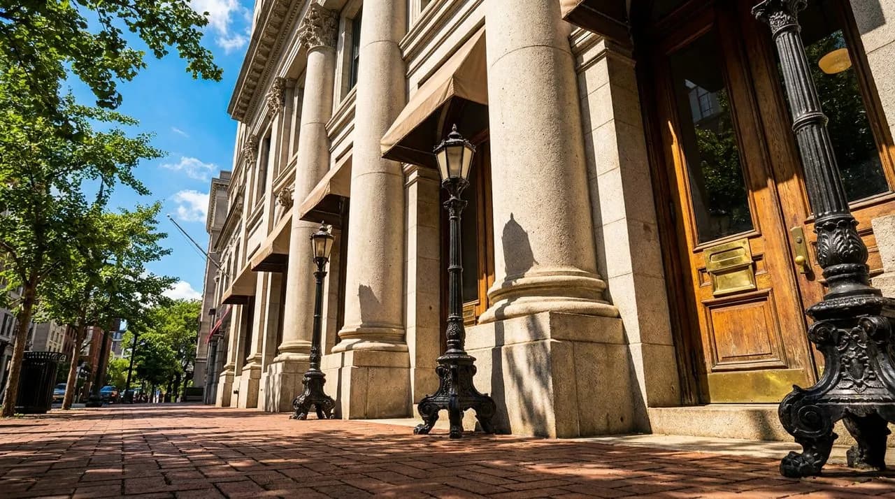 Bright sunny midday exterior of a historic Manhattan post office facade with limestone columns, cast-iron lampposts, polished brass mail-slot details, vivid blue sky, leafy street trees. No people, no