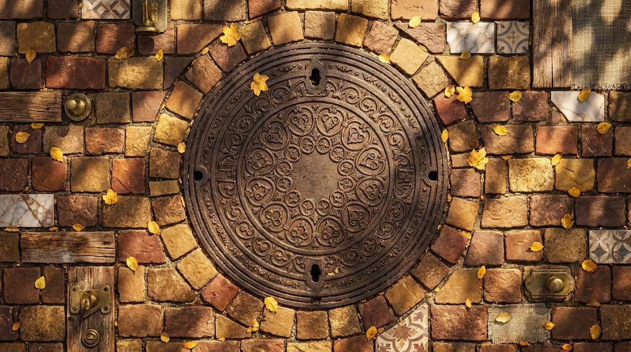 Bright sunny street-level detail of an ornate iron manhole cover with embossed lettering in pavement, surrounded by warm cobblestones, dappled sunlight, golden leaves scattered. No people. Photo-reali
