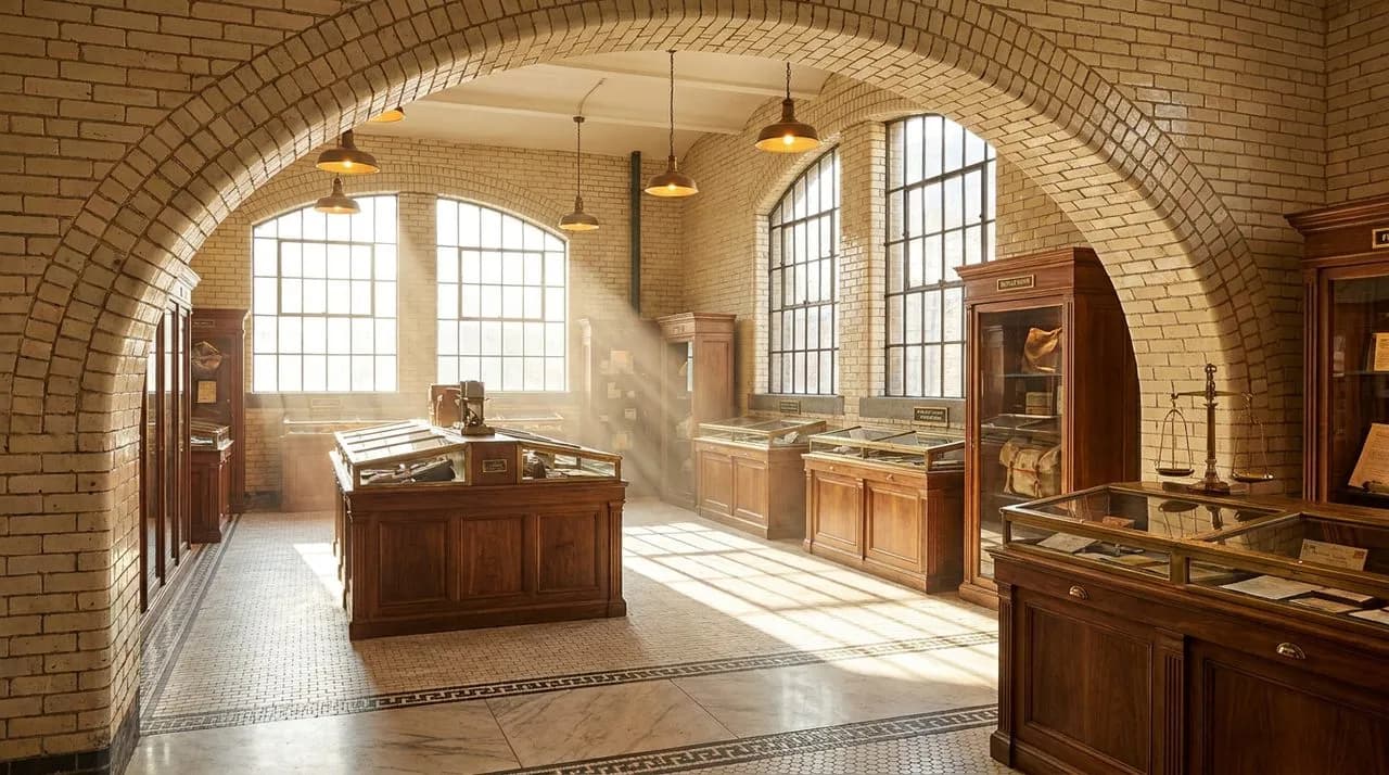 Bright daytime interior of a vintage-styled NYC postal museum gallery with polished walnut display cases, brass exhibit labels, period brick walls painted cream, tall industrial windows, warm pendant 