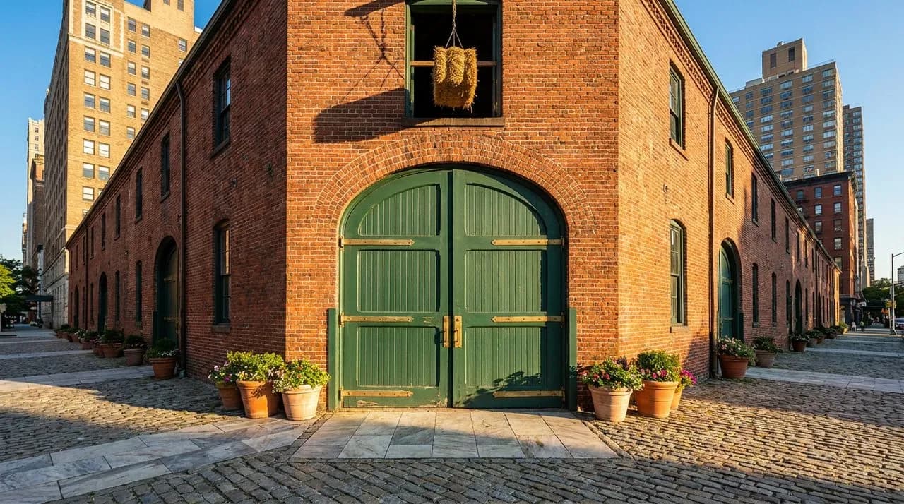Bright sunny morning exterior of a historic brick stable building in Hell's Kitchen, weathered red-brick walls, large arched wooden barn doors painted forest green, hanging hay-bale silhouette through