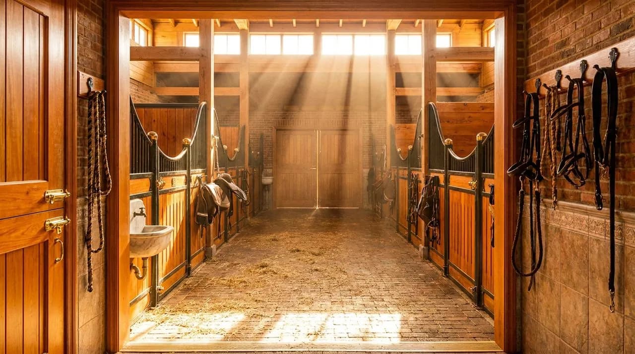 Bright sunny daytime interior of a working stable hallway with rich amber-stained wood stall doors, polished brass latches, warm hay-strewn floor, sunlight pouring through high clerestory windows, han