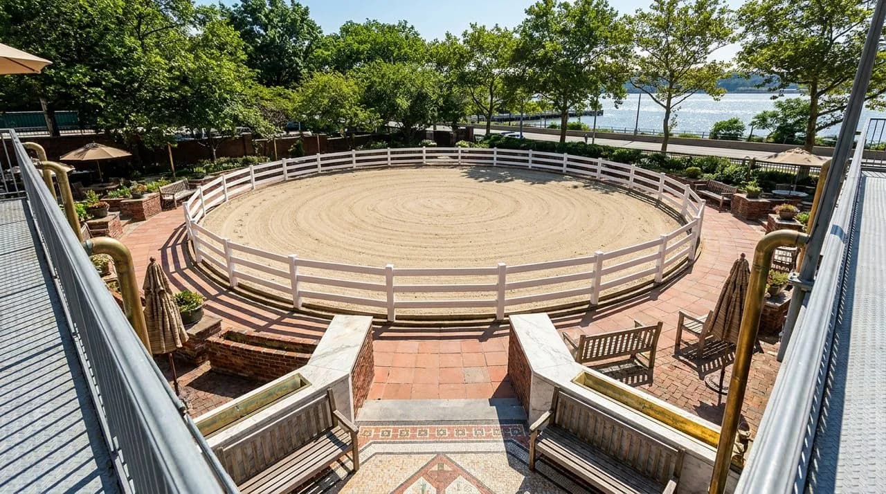 Bright sunny daytime view of an outdoor riding ring near the West Side Highway, packed sand surface, white wooden fence rails, leafy summer trees lining edge, vivid blue sky, distant glimpse of Hudson